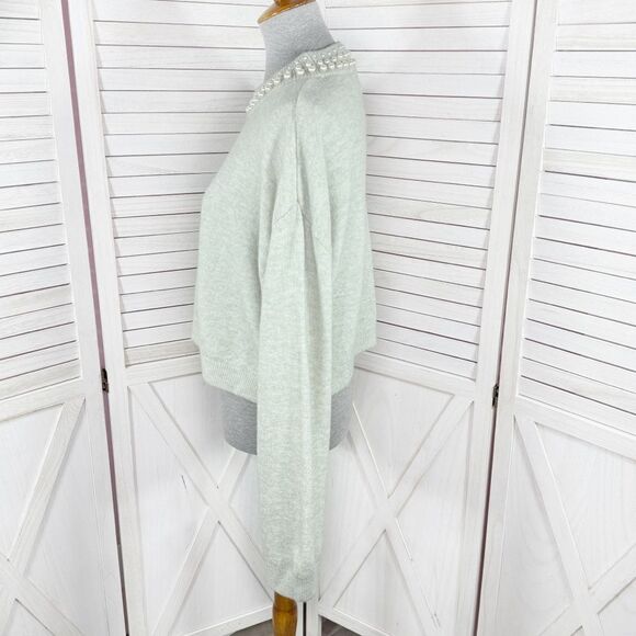 H&M Faux Pearl Beaded Neck Crop Sweater Mint Green Medium Long Sleeve - Picture 3 of 13